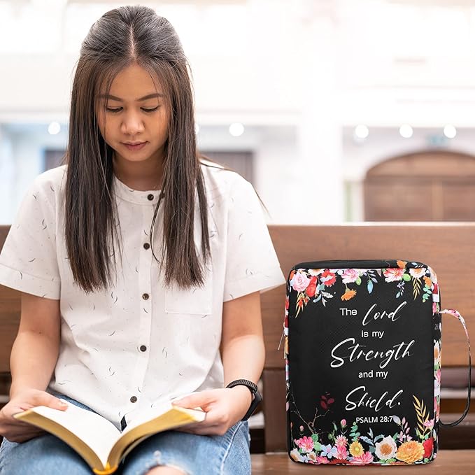Laumoi Bible Cover Floral Bible Case with Handle and Zippered Back Pocket 10 Inch Women Bible Bag with Bookmark Portable Bible Carrying Case for Bible Study, Outdoor, Daily Commuter (Less Flower)