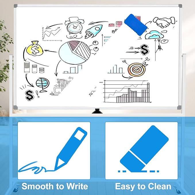Mobile Whiteboard on Wheels 60 X 40, Double-Sided Large Rolling White Board Dry Erase Board with Stand, Magnetic Whiteboard with Stand, Portable Standing Whiteboard for Home Office School