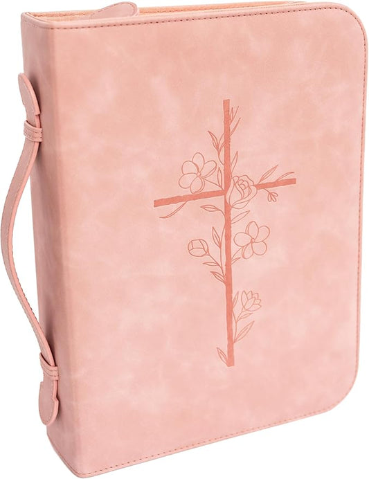 Bible Cover Case for Women – PU Leather Large Bible Case with Minimalist Debossed Design – Christian Bible Accessories for Girls & Women (Pink)