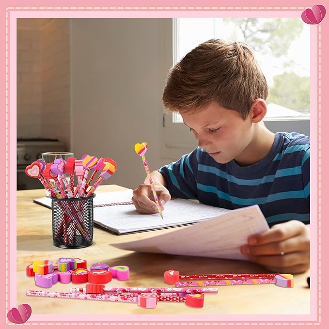 FOIMAS 24pcs Valentine's Day Pencils with Erasers Topper Decorated with Love Hearts Lips Assortment Valentine Stationery Pencil Bulk for Valentine's Day Goodie Bag Filler School Teacher