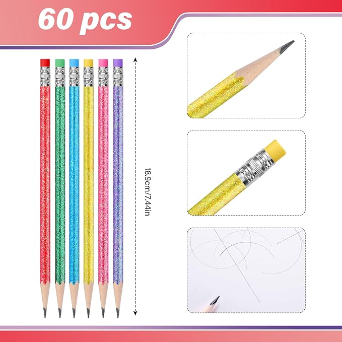 TecUnite 60 Pcs HB Pencils #2 Unsharpened Wood Cased Pencils with Eraser Hexagonal Pencil Cute Graphite No 2 Pen for Adults Gifts Exam School Office Sketching Learning (Glitter Series)