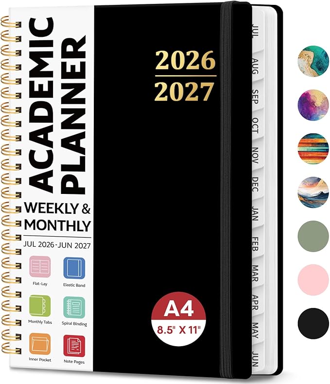 8.5" x 11" Academic Planner 2026-2027, Weekly & Monthly Calendar Planner Book, July 2026 – June 2027, Large Hardcover Organizer with Tabs, Perfect for Teachers, Students, Women & Men – A4, Black