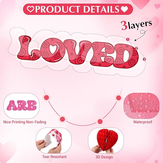 Fuutreo 53 Pcs You are Loved Tree Bulletin Board Classroom Decorations Set Heart Honeycombs Cutouts with Glue Points Envelope Pink Bulletin Border for School Home Wall Wedding Indoor Supplies