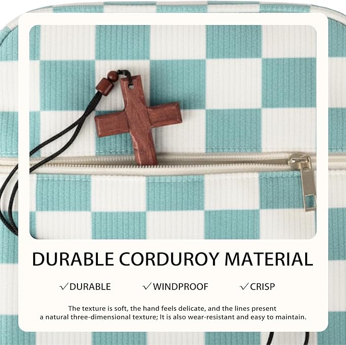 Bible Cover Case for Women Corduroy Bible Case for Girls Large Bible Cover with Handle Bible Study Supplies Accessories Christian Gifts for Women (Blue-Checkered, Medium)