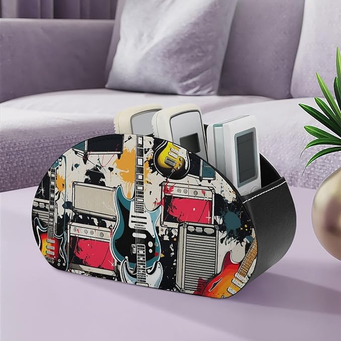 Rock Music Pattern Remote Control Organizer PU Leather Storage 5 Compartment Controller Holder Multi-functional Brush Organizer Box Office Supplies Caddy for Bedside