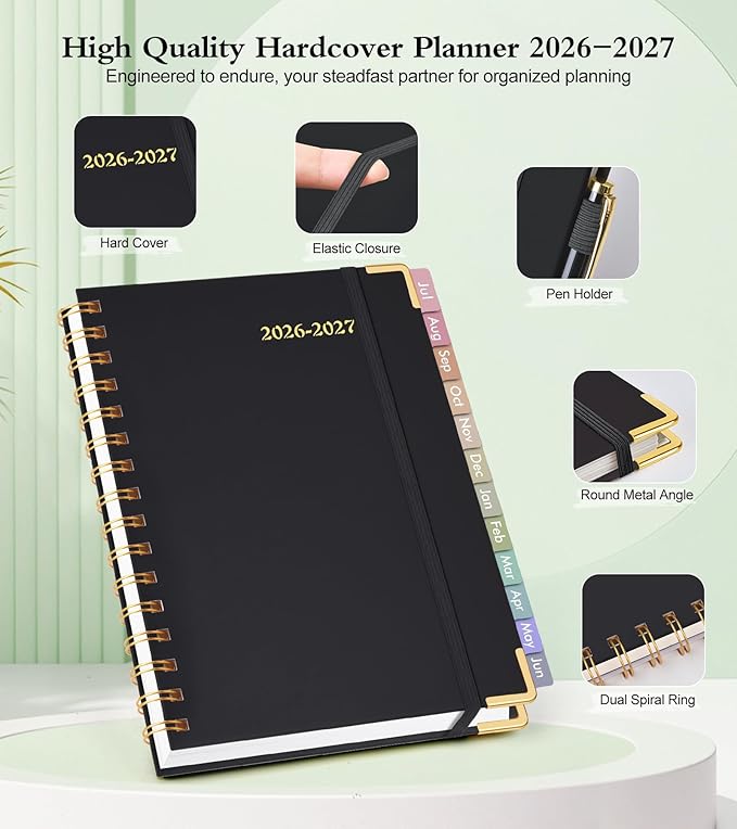 Academic Planner 2026-2027, Hardcover Weekly and Monthly Calendar Planner from July 2026 - June 2027, Daily Agenda Planners with Tabs, College School Organizer for Student Teacher, A4 (8.5" x 11"), Black