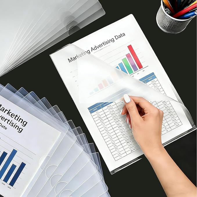 100 Pack Clear Folders for Document Plastic, L-Type Plastic Document Sleeve Folder Project Pockets Fit for 8.5" x 11" Letter Size Paper, for Household Projects, Office, Business Conference and School
