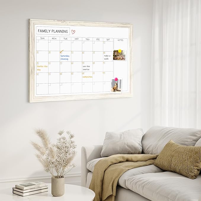 4 THOUGHT Whiteboard Calendar 36" x 24" Magnetic Dry Erase Board Wood Frame Wall-Mounted Monthly Planner White Board Decorative Notice Board for Office School Home, White Vintage