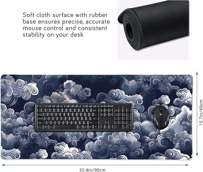 35.4" x 15.7" Japanese Cloud Extended Mouse Pad, Oriental Swirl Desk Mat with Non-Slip Base, Water Resistant for Gaming & Office