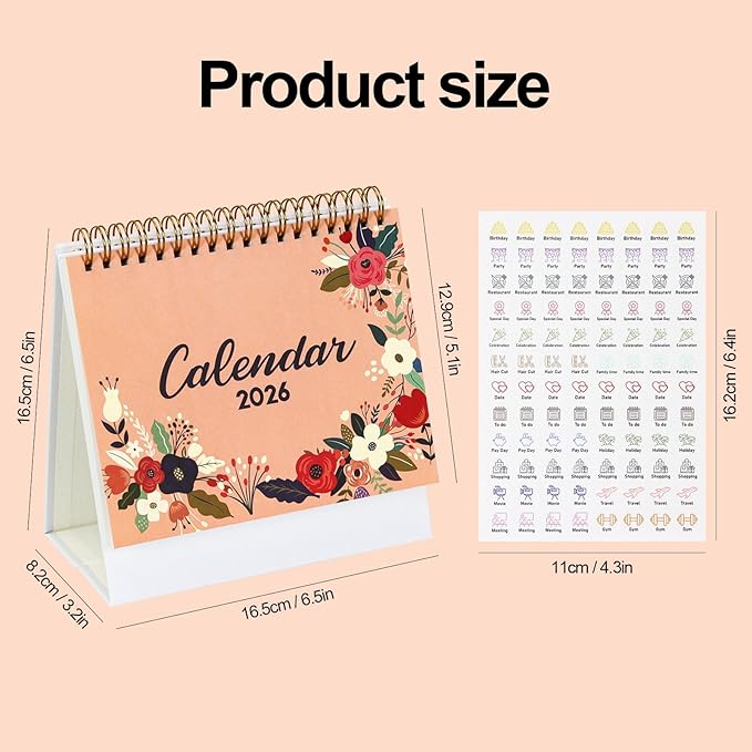 MultiBey Small Desk Calendar 2025-2026, Standing Flip Calendar for Desk with Floral Cover, 6.5" x 6.5", July 2025 to December 2026, 18-Month Desktop Calendar, To-Do Notes & Stickers for Planning (Flower House)