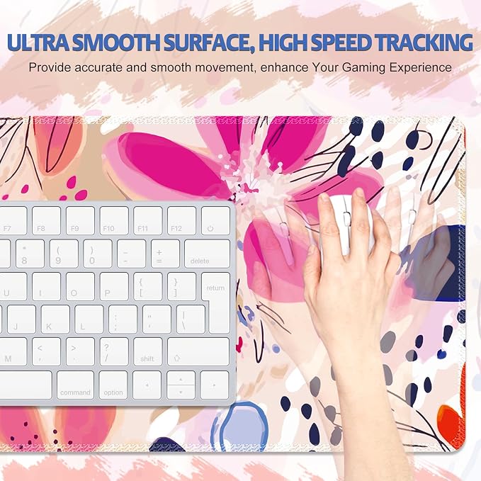 Desk Pad Mouse Pad, Large Gaming Mouse Mat with Stitched Edges, Non-Slip Waterproof Rubber Base Mous Mat for Office Computer Keyboard Laptop Home Decor Women (35.4X17.5 in), Apricot Magenta Flower