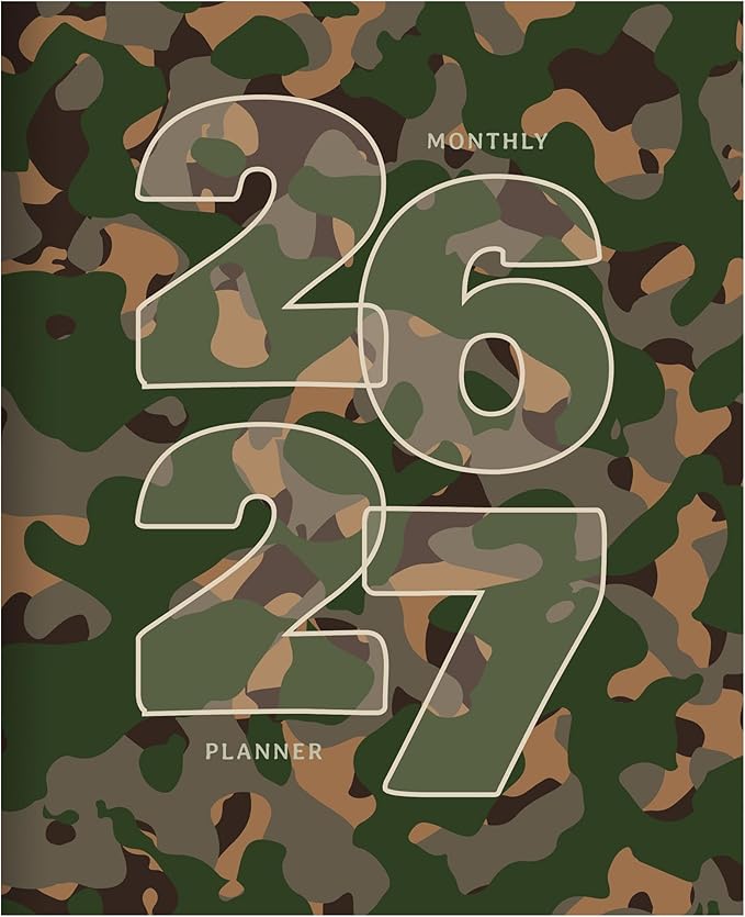 TF Publishing July 2026 - June 2027 Camo Medium Monthly Planner - 12 Month Academic Planner 2026-2027 with 2-Page Spreads, Monthly Calendar Grids and Planning Prompts - 6.5 in x 8 in