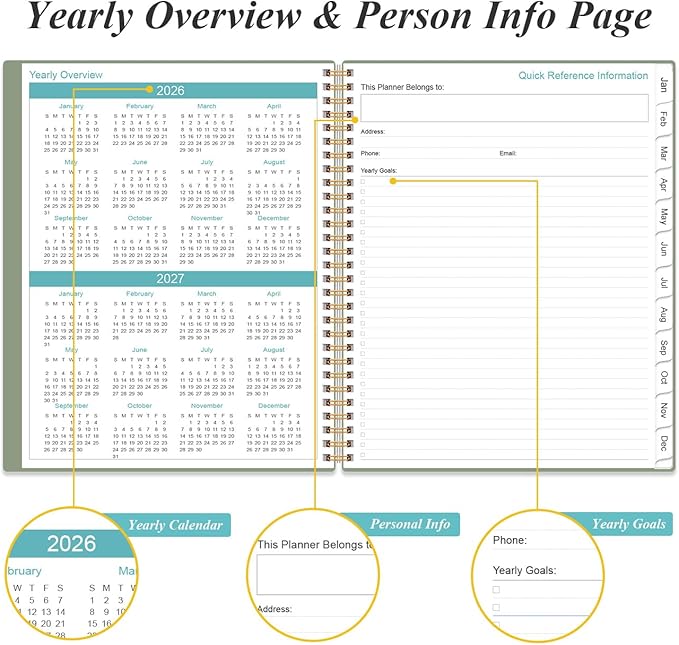 2026 Planner - Planner 2026 from January 2026 to December 2026 with 12 Monthly Tabs, Flexible Cover, Inner Pocket, 8.5" x 11", Green-C