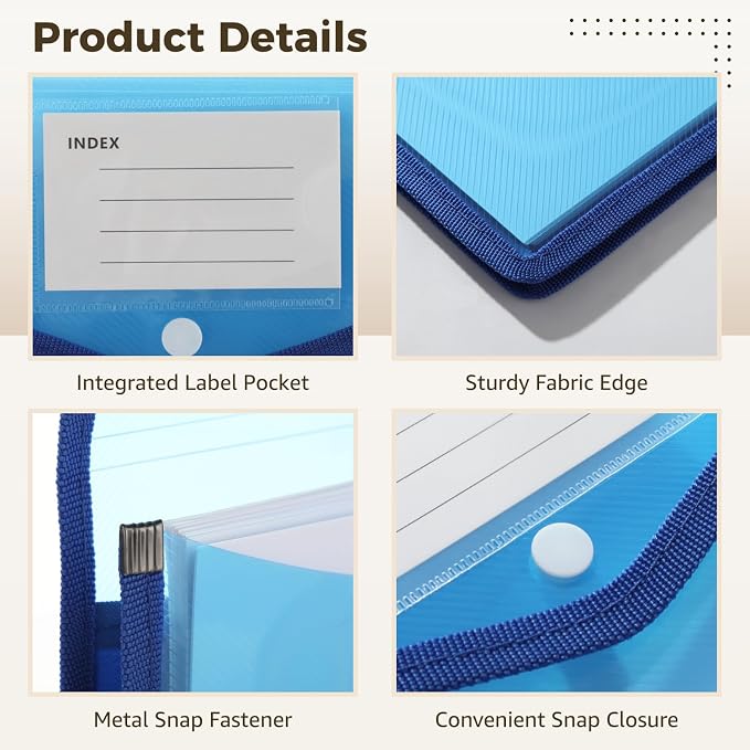 6Pcs A4 Expanding File Folders,Plastic Pocket Folders Accordion Document Organizer with Snap Button Closure, 3.14 in Wide Capacity,File Pouch with Label Pocket