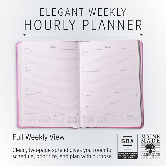 Gallery Leather Desk Hourly Weekly Monthly Planner 2027, Elegantly Bound Calendar Planner and Notebook with Stylish Gold-Gilded Page Edges, 12 Months - Acadia Green - 8x5.5"
