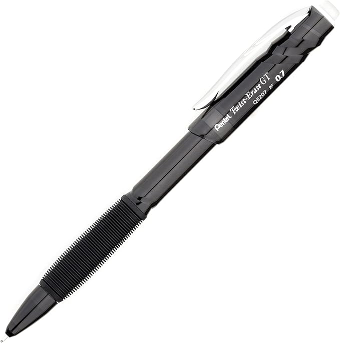 Pentel Twist-Erase GT, 0.7mm, Mechanical Pencil Transparent Black, Box of 12 (QE207A)