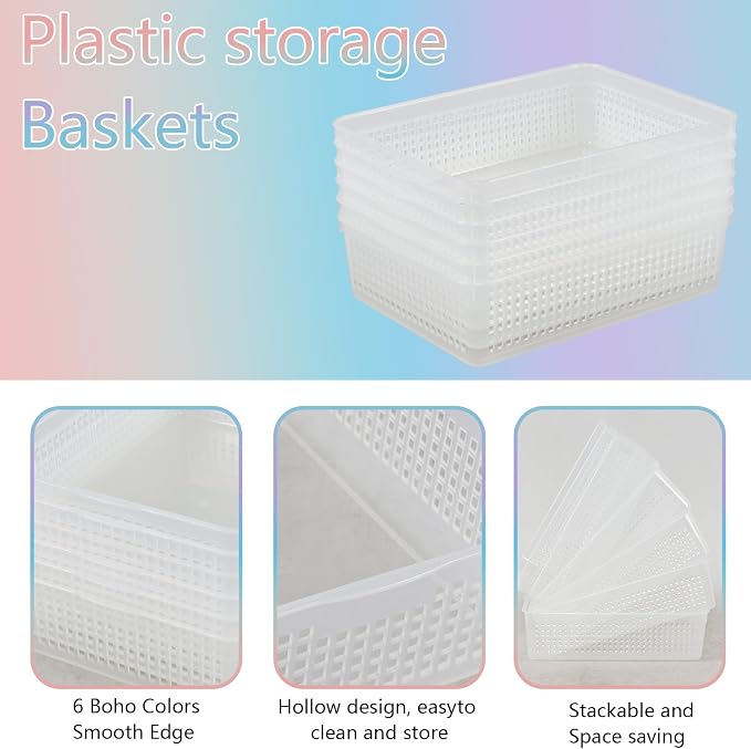 Kekow 6-Pack Clear Plastic Paper Storage Baskets Trays, File Storage Tray Basket