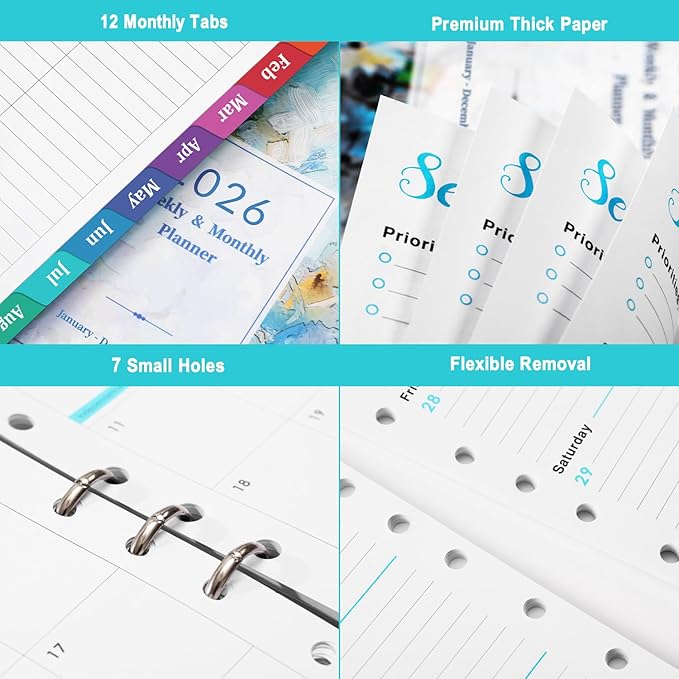 2026-2027 Planner Refills - Planner 2026-2027 Inserts with 7-Hole Punched, 5-1/2" x 8-1/2", Runs from July 2026 to June 2027, Weekly and Monthly Spread, Colorful Monthly Tabs