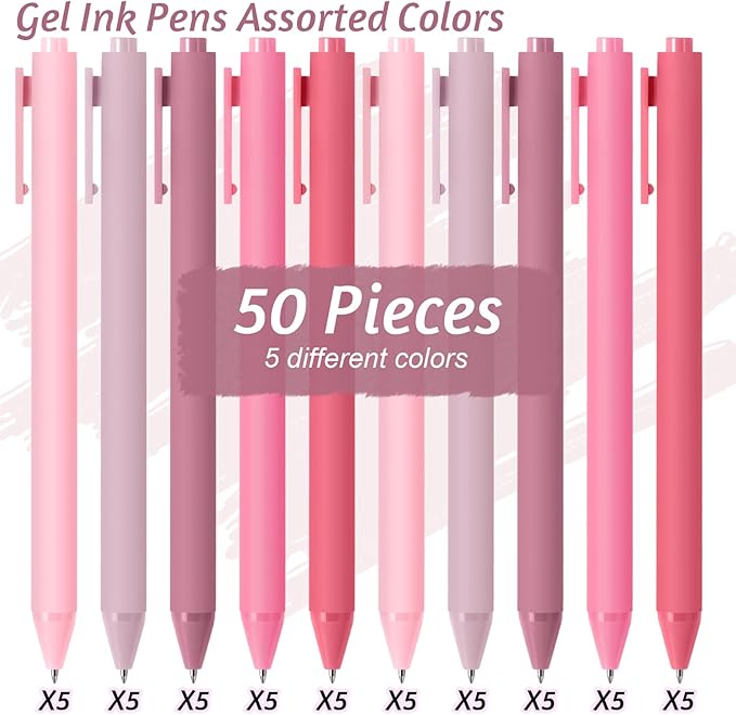 Crtiin 50 Pcs Gel Pens Bulk, 0.5mm Fine Point Black Ink Pens, Retractable Smooth Writing Quick Dry, Colored Aesthetic for School Office Journaling Teacher Appreciation Mother Day (Light Pink)