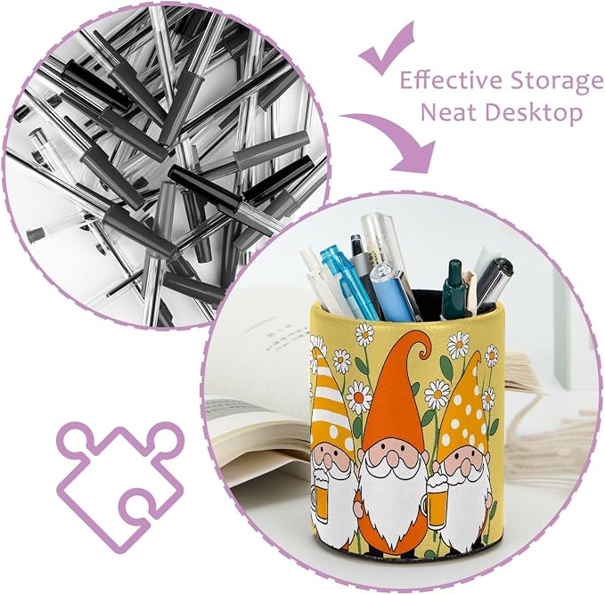 Gnomes Daisy Pen Holder Pencil Organizer Cute Pencil Cup Desk Decor Makeup Brush Holder PU Multifunctional Office Supplies for Home Classroom School