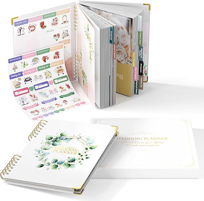ABC life Wedding Planner Book and Organizer, 10 Sections Notebook Organizer for Bride, Engagement Gifts Binder Calendar with Colorful Stickers, Personalized Wedding Stuff, Green Leaf