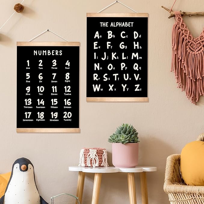 Alphabet and Numbers Educational Chart Set of 2 for Classroom Decor,Colorful Educational Poster for Toddlers 1-3,Toddler Learning Poster for Ages 3-5 for Nursery Playroom,Classroom Must Haves (Black)