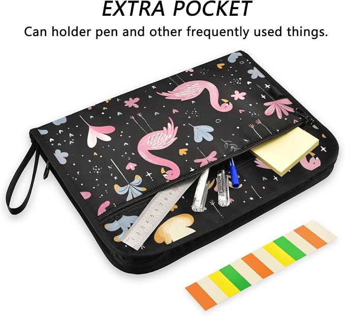 Pink Flamingo Black File Folders,Plastic Folders with 13 Pockets,Expandable File Folder for Documents School Students Office,Aesthetic Folder with Labels A4 Letter Size