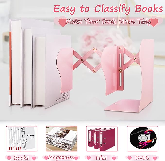 Non Skid Book Ends to Hold Books, Carooyac Heavy Duty Bookends Adjustable Book End, Metal Bookends for Shelves, Pink Book Holders Organizer for Bookshelf Desk - Extends up to 19"
