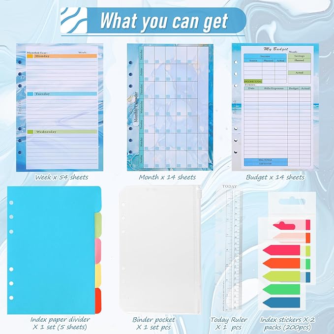 Toplive 7 Pack A5 Planner Inserts Monthly Weekly Planner Refills Paper 6 Ring Expense Budget Sheets with Cash Envelopes Divider Ruler Stickers, for A5 Planner Binder Cover, Blue Ocean Marble