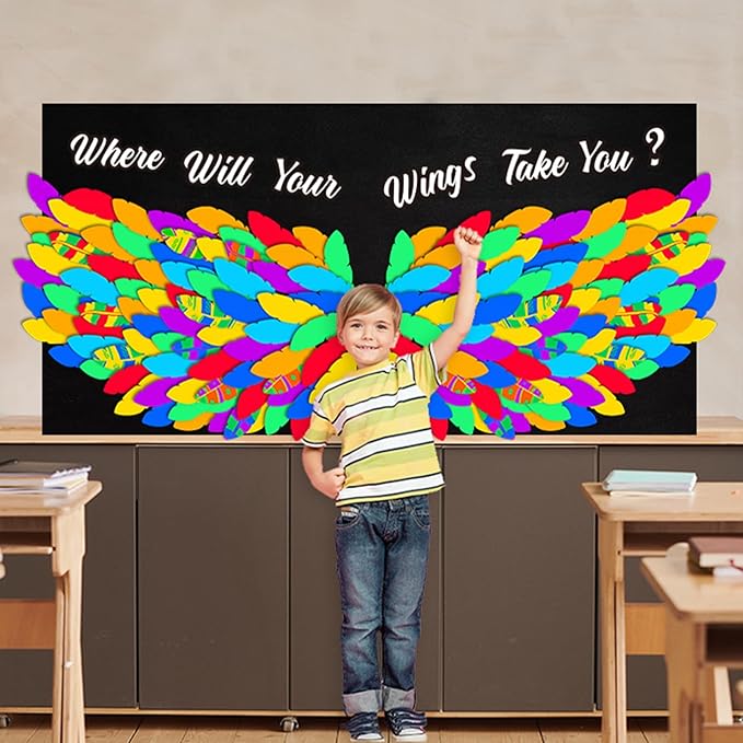 LioNergy 143 Pcs Classroom Wings Bulletin Board Set DIY Wings Motivational Bulletin Board Decoration Colorful Wings Paper Cutouts Theme for Wall Door Decor School Supplies