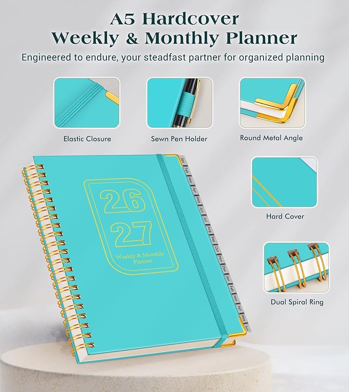 Planner 2026-2027, 18 Months Weekly and Monthly Hardcover Planner, January 2026 - June 2027, 5.75" x 8.38" A5 Daily Calendar Planner Book with Tabs, Spiral Yearly Agenda Organizer Notebook for School Work Home, Aquamarine