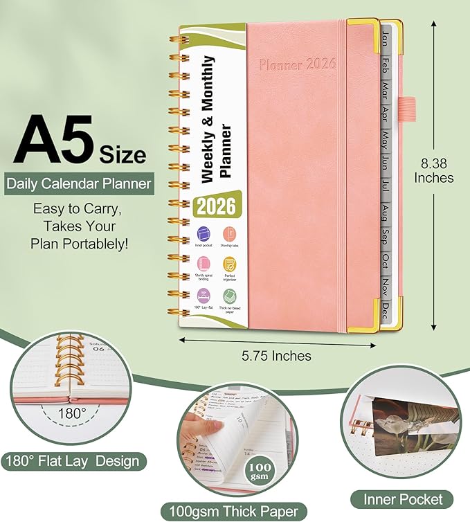 2026 Planner, Hardcover Leather Weekly and Monthly Planner, January 2026 - December 2026, Spiral Yearly Agenda Organizer Book 2026 with Tabs, Daily Calendar Planners for School Work Home, A5 (5.75" x 8.38"), Pink