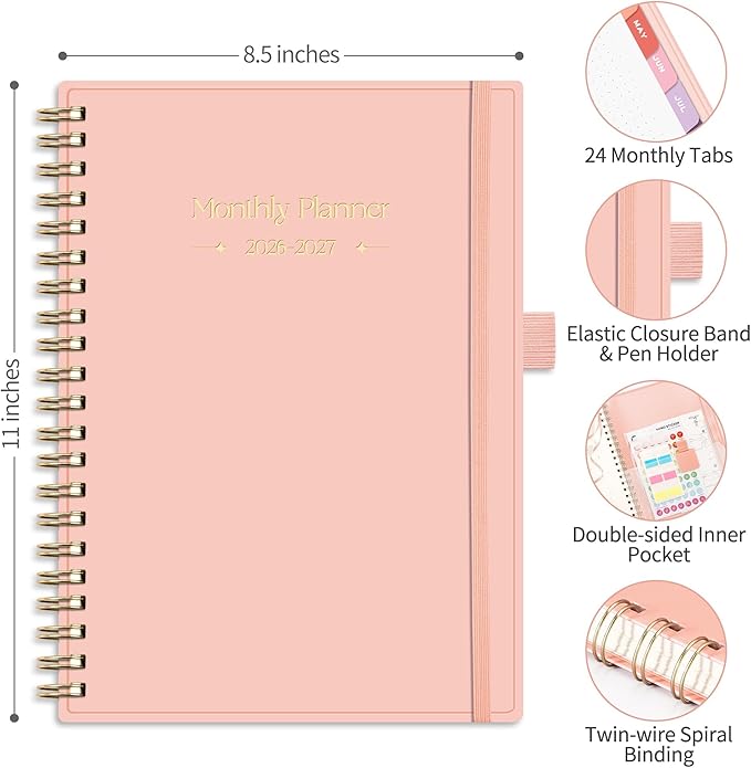 RETTACY 2026-2027 Monthly Planner, Jan 2026 - Dec 2027, Large Size (8.5" x 11"), Agenda, Calendar, 24 Month Tabs, Flexible Plastic Cover, 100 GSM Thick Paper, Spiral-bound (Pink)