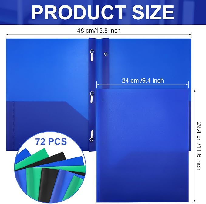 Cholemy 72 Packs Pocket Folders with Prongs Heavy Duty Plastic Folder with Business Card Slot 3 Prong Fasteners for School Office (Black,Blue,Green)