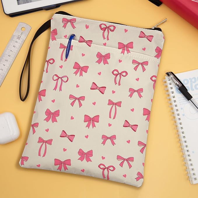 Pink Bow Book Sleeve with Zipper, Book Sleeve Gifts for Book Lovers, Book Cover for Girls Women, Book Covers for Paperbacks, Gifts for Birthday 11.2x8.3 inch