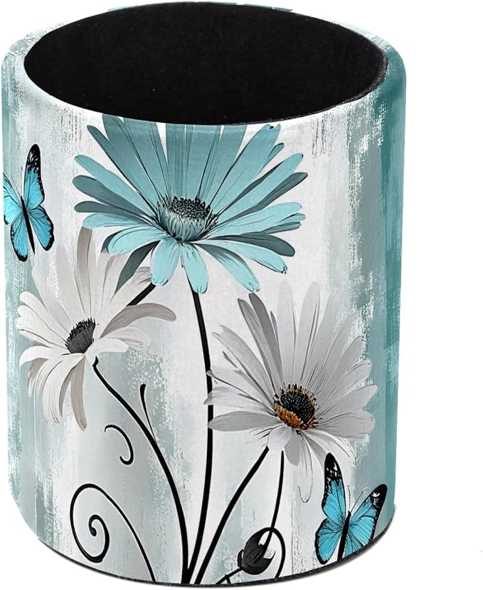 Farm Teal Daisy Butterfly on Country Wooden Pen Holder Pencil Organizer Cute Pencil Cup Desk Decor Makeup Brush Holder PU Multifunctional Office Supplies for Home Classroom School