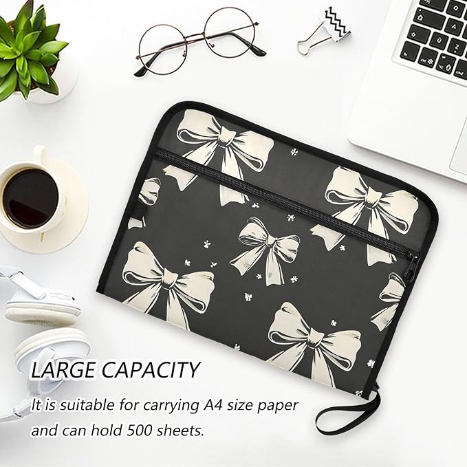 Expanding File Folder Black White Bow Accordion File Organizer 13 Pockets Document Organizer with Zipper Labels A4 Letter Office Storage