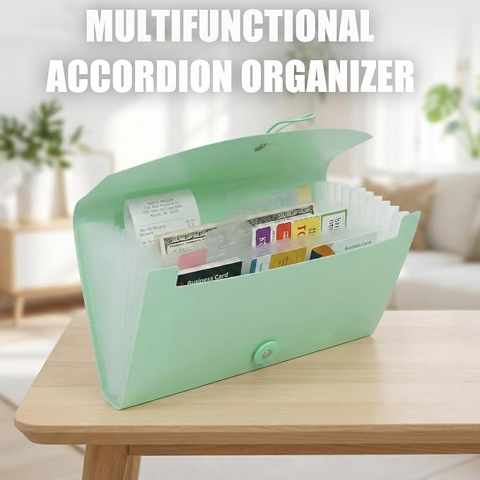 Portable 13-Pocket Receipt & Coupon Organizer, Small Expanding Accordion File Folder with Labels, Long Ticket Size Holder for Bills, Checks, and Travel Documents (10.2" x 5.5"), Green