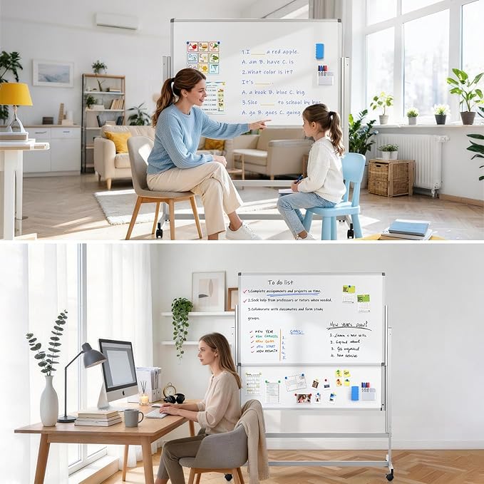 MAKELLO Rolling Whiteboard 60"x48", Large Magnetic Mobile White Board on Wheels, Double-Sided Dry Erase Board for Home Office School, Height Adjustable, 5'x4'