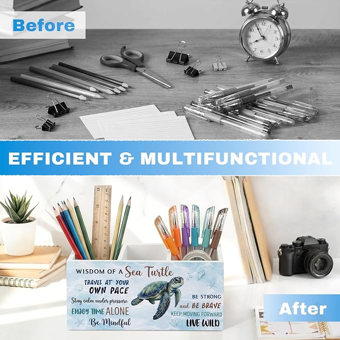 Sea Turtle Pen Pencil Holder for Office Desk Coastal Turtle Office Decor Wooden Ocean Inspirational Organizer Desktop Decor Summer Makeup Brush Toothbrush Holder Gift for Bathroom Desk Accessories