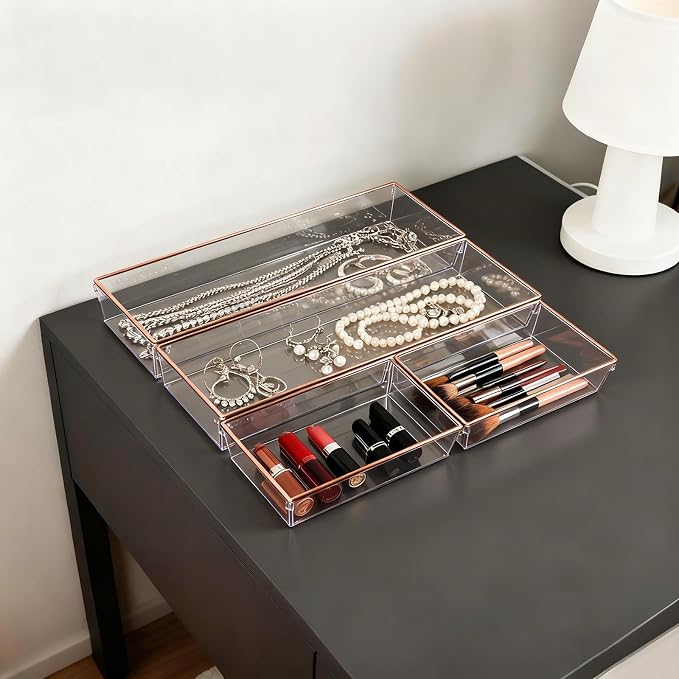 12 Pack Large Size Clear Stackable Drawer Organizer Trays, Rose Gold Rim Makeup Drawer Storage Tray Divider, Desk Storage for Makeup, Jewelry, Bathroom, Stationary, Kitchen Utensils and Office Desk