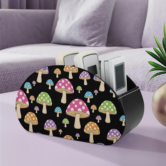 PU Leather Remote Control Caddy, 5-Slot Organizer for Bedside Table, Office Desk, and Living Room with Media Storage, Colorful Neon Mushroom