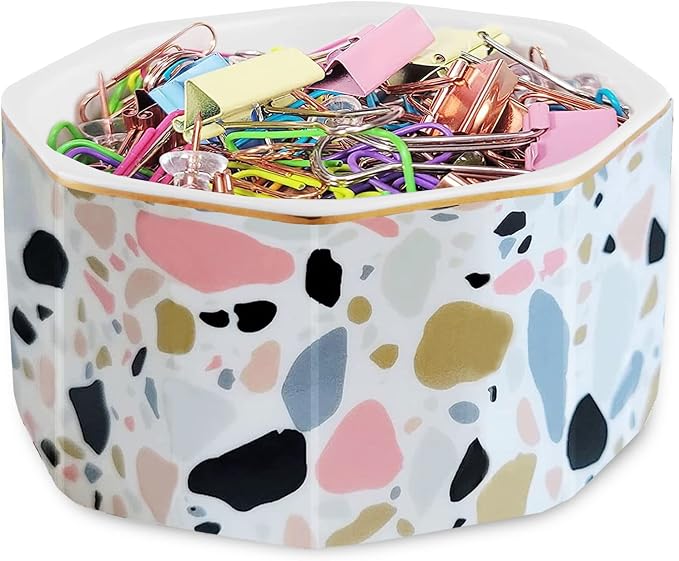Ceramic Paper Clip Holder Gold Line Paper Clip Dispenser Organizer for Desk Cute Terrazzo Marble Pattern Office Binder Clip Holder Bobby Pin and Hair Clip Holder Gift for Office Pink