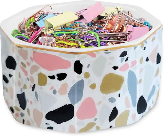 Ceramic Paper Clip Holder Gold Line Paper Clip Dispenser Organizer for Desk Cute Terrazzo Marble Pattern Office Binder Clip Holder Bobby Pin and Hair Clip Holder Gift for Office Pink