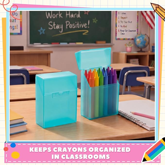 Clabby 4 Pcs Plastic Crayon Organizer Case for 24 Count Crayons Kids Art Supply Storage Box with Lid, Portable Holder for Classroom Home Travel, Fits Standard 24-Pack Crayon (Teal)