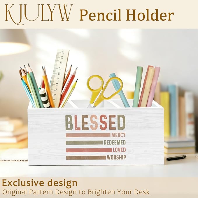 Boho Christian Pen Holder for Desk, Christian Gifts for Women Faith, Blessed Religious Bible Verse Wooden Box Pencil Pen Holder Organizer for Home Office Desk Accessories