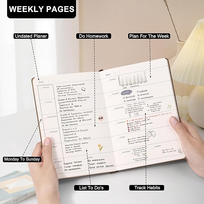 2026 Planner， Weekly Planner With Pockets , Undated Weekly Planner A5 Pocket Size 5.5'' X 8.1'' Small Weekly Agenda Weekly To Do List Planner Notebook With Goal & Habit Tracker Organizer Inner Pocket, Perfect For Office Home School Supplies Vegan Leath...