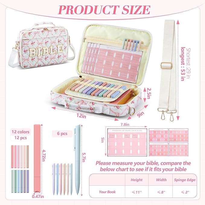 Sinload Quilted Bible Cover Case for Women 12 x 9 x 2.5 Inch Bible Chenille Letter Bag with Shoulder Strap Carrying Tabs 6 Colored Pens 12 Highlighters Christian Church Study Gifts(Pink,Bow Floral)