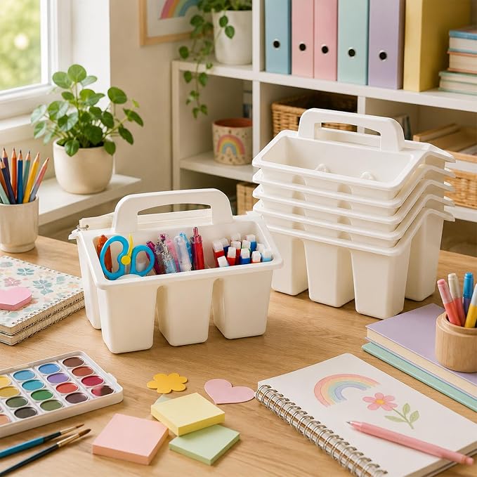 8 Pack Classroom Caddy Storage Basket with Handle 4 Compartment Storage Caddy Plastic Arts Crafts Caddies Protable Classroom Craft Caddies for Kids Schools Art Craft Supplies(White)