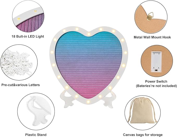Heart-Shaped Felt Letter Board with Built-in LED Lights,10x10 Light-up Message Board with 663 Pre-Cut Letters,Cursive letters for Valentine’s Day Birthday Party,Pregnancy Announcement,Wedding